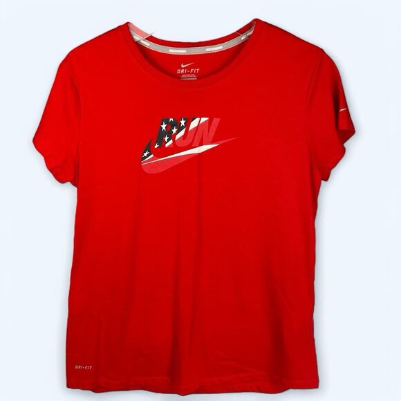 Women’s Red Nike Run Dri Fit Short Sleeve Shirt, Size Large - Picture 1 of 8